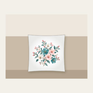 Teal Blossom Scatter Pillow in white: Small blossoms in teal, white and pale pink scattered across a pale grey ground.