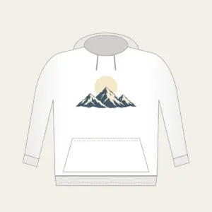 Moonrise over Three Peaks Hoodie in white: A round moon rises over three mountain peaks in cream and slate.