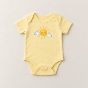 Butter Little Sunbeam Baby Bodysuit with compact front chest panel print of a sun with soft rays and two tiny clouds in sunflower yellow, soft blue and white