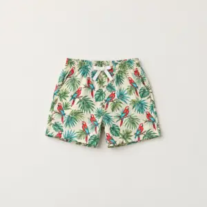 Little Parrot Hawaiian Shorts with a repeat of small parrots and palm leaves in red, turquoise and green on cream