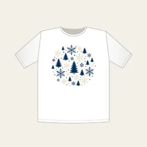 Snowflakes and Pines in Navy and Cream T-Shirt in white: Snowflakes and pines repeat in navy and cream.