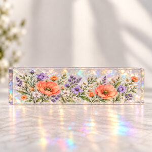 A freestanding rectangular hologram acrylic plaque with a flat coral and lilac wildflower print.