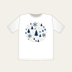 Snowflakes and Pines in Navy and Cream T-Shirt in white: Snowflakes and pines repeat in navy and cream.
