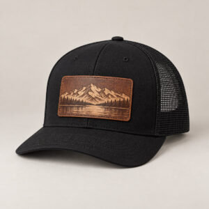 Black Mountain Lake Engraved Snapback Trucker Cap with engraved-look artwork on a rectangular faux leather patch of a lake and mountain line in cream and brown, Rec_RDBrown patch, Black cap