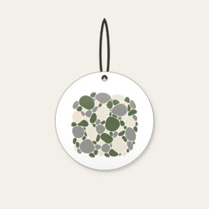 River Stones in Moss and Grey Ceramic Ornament in white: Smooth river stones in moss green, grey and cream are traced with fine white outlines.