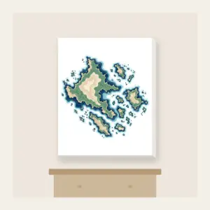 Topographic Coastline and Islands Map Canvas Print in white: Topographic contours of a coastline and islands in navy, sea green and sand on cream.