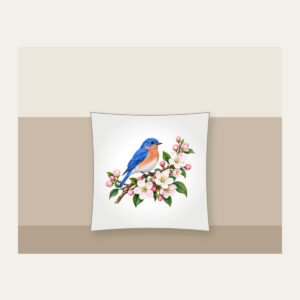 Bluebird on a Blossom Branch Pillow in white: A small bluebird rests on a branch of cobalt, white and pale pink blossoms.