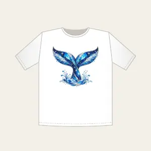 Whale Tail with Prismatic Shimmer T-Shirt in white: A whale tail in blue and silver with tiny stars and a prismatic broken-glass shimmer.