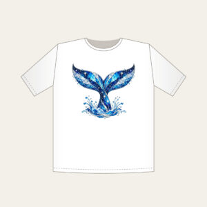 Whale Tail with Prismatic Shimmer T-Shirt in white: A whale tail in blue and silver with tiny stars and a prismatic broken-glass shimmer.