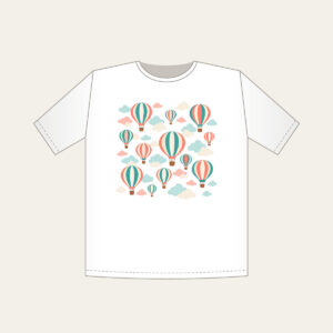 Striped Hot Air Balloons in the Clouds T-Shirt in white: Striped hot air balloons drift through clouds in coral, teal and cream.