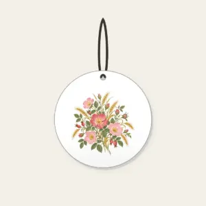Prairie Roses and Wheat on Cream Ceramic Ornament in white: Prairie roses and wheat stalks in rose, gold and sage scatter across a cream ground.