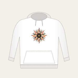 Sunburst Lines on Charcoal with a Small Star Hoodie in white: Sun lines in coral, gold and white radiate across a charcoal ground, with one small star set off to one side.