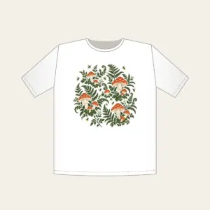 Toadstools, Ferns and Fireflies T-Shirt in white: Toadstools, ferns and glowing fireflies scattered in rust and cream across a deep green forest ground.
