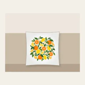 Citrus Slice Sorbet Pattern Pillow in white: Citrus slices and leaves in orange, lemon and green spread across cream.