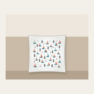 Tiny Sailboats and Harbour Lanterns Pillow in white: Tiny sailboats and harbour lanterns repeat in teal, coral and cream.