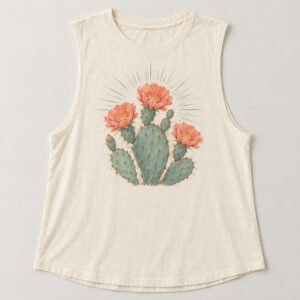 Desert Bloom Muscle Tee with front print of a prickly pear cactus with three coral blossoms and fine sun rays in faded turquoise and coral