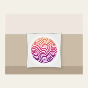 Sunset Ripples from Coral to Plum Pillow in white: Ripple lines move through a sunset gradient from coral to plum.