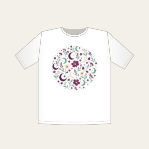 Crescent Moons and Wildflowers in Plum T-Shirt in white: Crescent moons, wildflowers and tiny stars repeat in plum, mint and cream.