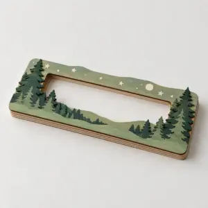 Four-Layer Wooden Money Holder with Pine Trees with four layers: back layer hills, two layers of pines in green and sage, front layer with tiny stars and a slot area in cream