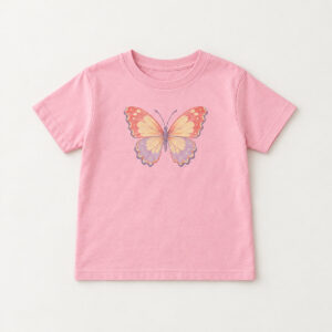 Blossom Butterfly Wings Youth Heavyweight Tee with compact front chest panel print of one open butterfly with scalloped wings in coral, butter and lilac