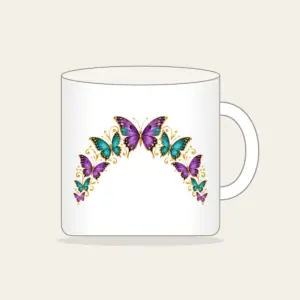 Butterflies Arching Along the Edge Mug in white: Violet, teal and gold butterflies arch along a curved edge.