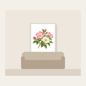 Wild Rose Branch Fleece Blanket in white: A branch of wild roses with pink and white blossoms and fresh green leaves.