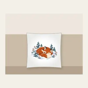 Sleeping Fox Among Snowy Pines Pillow in white: A fox curled asleep in a snowbank with tiny pines, in rust, cream and slate blue.