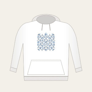 Navy Trellis and Leaf Pattern Hoodie in white: A repeating trellis of fine lines and small leaves in navy, sky blue and cream.