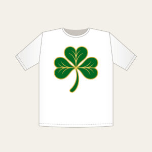 Gold-Edged Clover Leaf T-Shirt in white: A flat clover leaf in green and gold sits inside a thin border line.