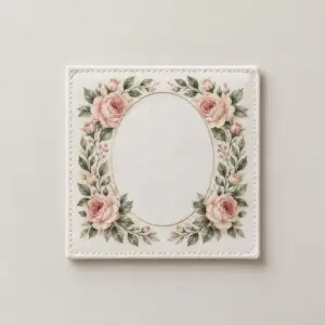 Floral Oval Photo Tie Patch with an oval floral frame of roses and leaves in blush and sage around an empty photo area