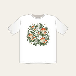 Toadstools, Ferns and Fireflies T-Shirt in white: Toadstools, ferns and glowing fireflies scattered in rust and cream across a deep green forest ground.