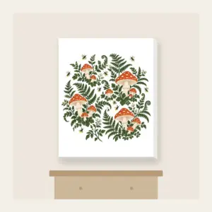 Toadstools, Ferns and Fireflies Canvas Print in white: Toadstools, ferns and glowing fireflies scattered in rust and cream across a deep green forest ground.