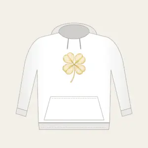 Four-Leaf Clover Botanical Plate Hoodie in white: A four-leaf clover with its roots, drawn in cream and gold line art in the style of a botanical plate.