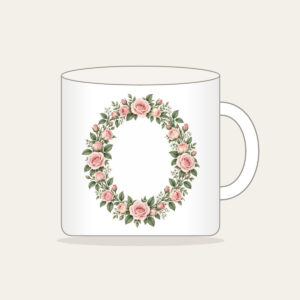 Oval Rose Wreath in Blush and Sage Mug in white: An oval wreath of roses and leaves in blush and sage that leaves a quiet open space in the middle.