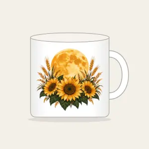 Harvest Moon over Sunflower Fields Mug in white: A large harvest moon rises over sunflower and wheat silhouettes in amber, deep green and cream.