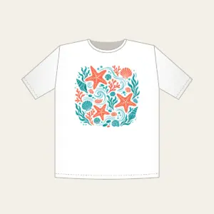 Tide-Pool Starfish Pattern T-Shirt in white: Starfish, small shells and ripples gather in a tide-pool repeat in coral and teal.