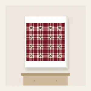 Burgundy Tartan with Leaf Sprigs Canvas Print in white: Burgundy and cream tartan with small leaf sprigs at the intersections.