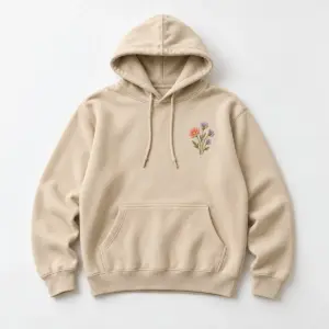 Embroidered Wildflower Hoodie with small embroidered flower cluster, with the approved local image showing four blossoms