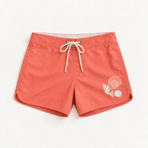 Seashell Trio Board Shorts with compact print of a trio of shells in coral, sand and white on one front thigh panel, away from the seams and hem