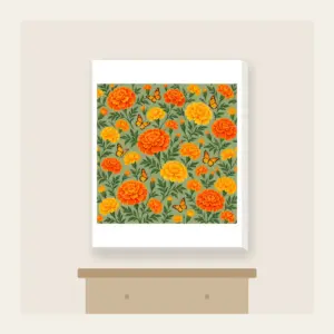 Marigolds and Butterflies on Sage Canvas Print in white: An all-over repeat of marigolds and small butterflies in orange and yellow on a sage ground.