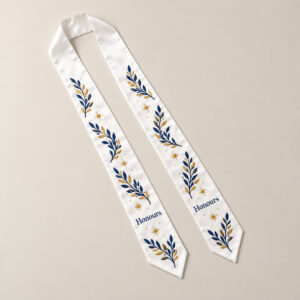 Laurel Honours Graduation Stole with stole with laurel branches and small stars in navy and gold repeating along each end, short word "Honours", no other text