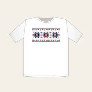 Fair Isle Snowflake Band T-Shirt in white: A Fair Isle-style band of snowflakes and small diamonds in navy, cream and red.