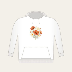 Terracotta Cosmos and Buttery Daisies Hoodie in white: Loose watercolor cosmos in terracotta beside buttery daisies on fine sage stems.