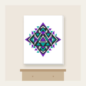 Violet and Teal Triangle Pattern Canvas Print in white: A bold geometric pattern of triangles in violet, teal and silver on charcoal.