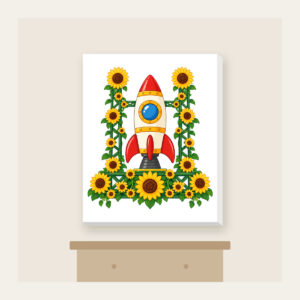 Rocket on Sunflower Launch Pad Canvas Print in white: A toy rocket stands on a launch pad built from sunflowers, ready to blast off.