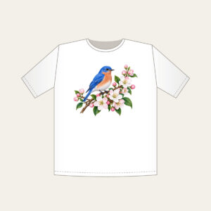 Bluebird on a Blossom Branch T-Shirt in white: A small bluebird rests on a branch of cobalt, white and pale pink blossoms.