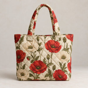 Diamond Poppy Quilted Tote with printed diamond lines with scattered poppies in red, cream and olive
