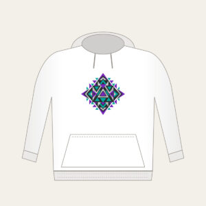 Violet and Teal Triangle Pattern Hoodie in white: A bold geometric pattern of triangles in violet, teal and silver on charcoal.