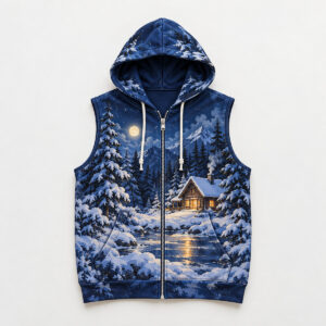 Winter Cabin Sleeveless Zip Hoodie with all-over snowy cabin among pines with a warm amber window on deep blue