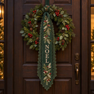 Green lace sash embroidered with evergreen sprigs and the word NOEL
